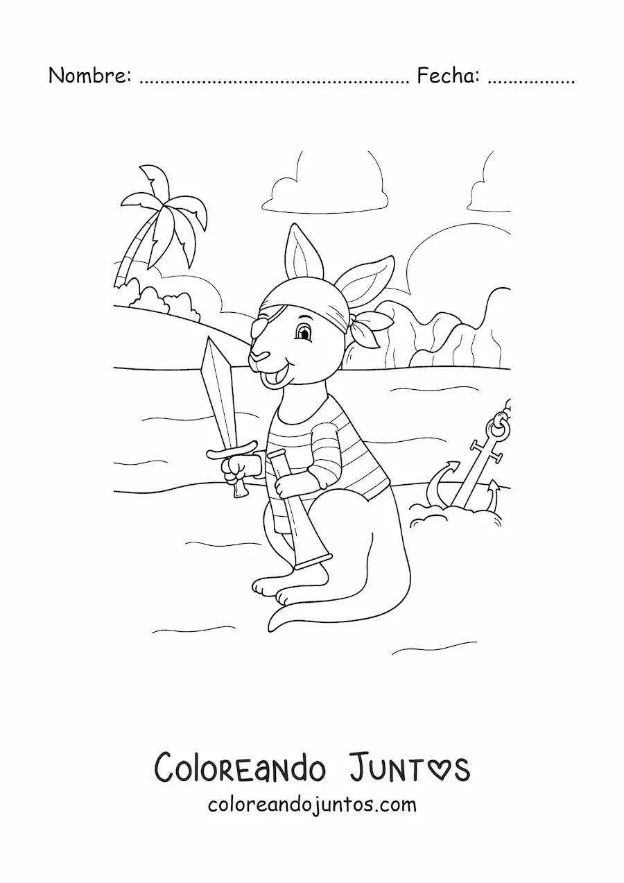 Imagen para colorear de canguro pirata animado buscando un tesoro en la isla