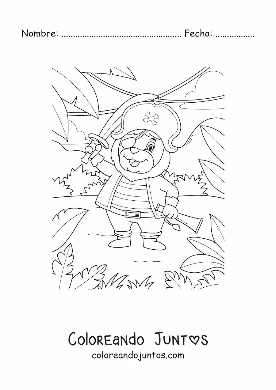 Imagen para colorear de león pirata animado en la isla del tesoro