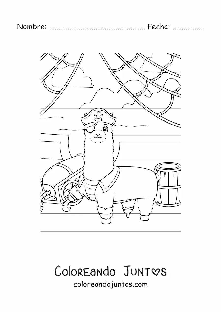 Imagen para colorear de llama pirata animada en un barco pirata