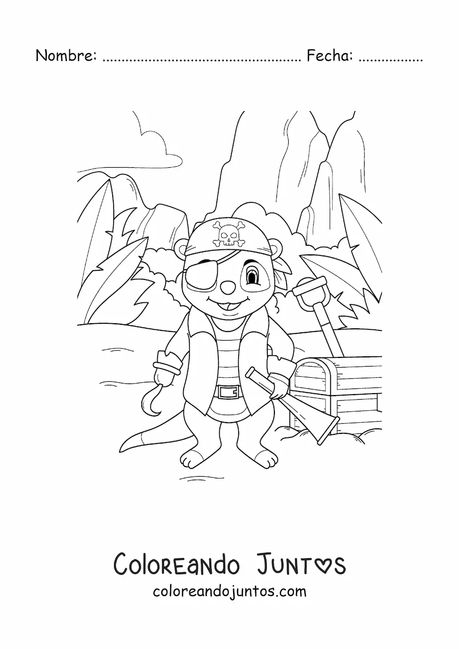 Imagen para colorear de zuricata pirata animada con cofre del tesoro en la isla