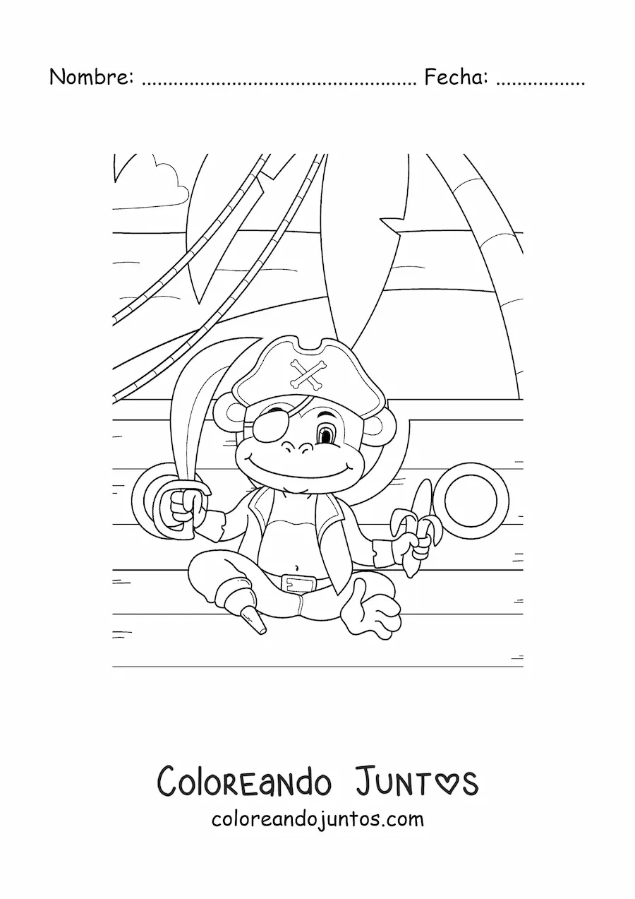 Imagen para colorear de mono pirata animado en un barco pirata