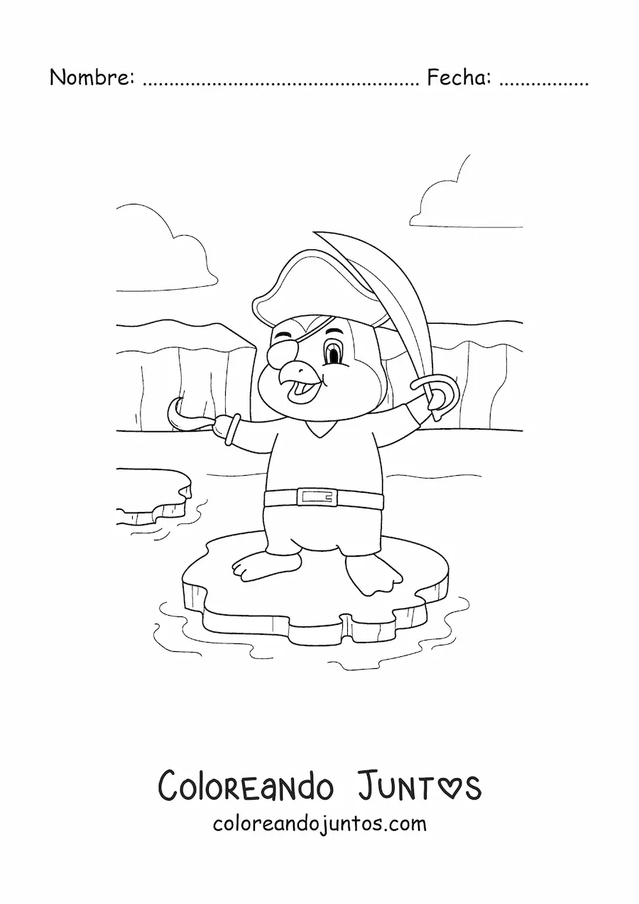 Imagen para colorear de pingüino pirata animado en un iceberg