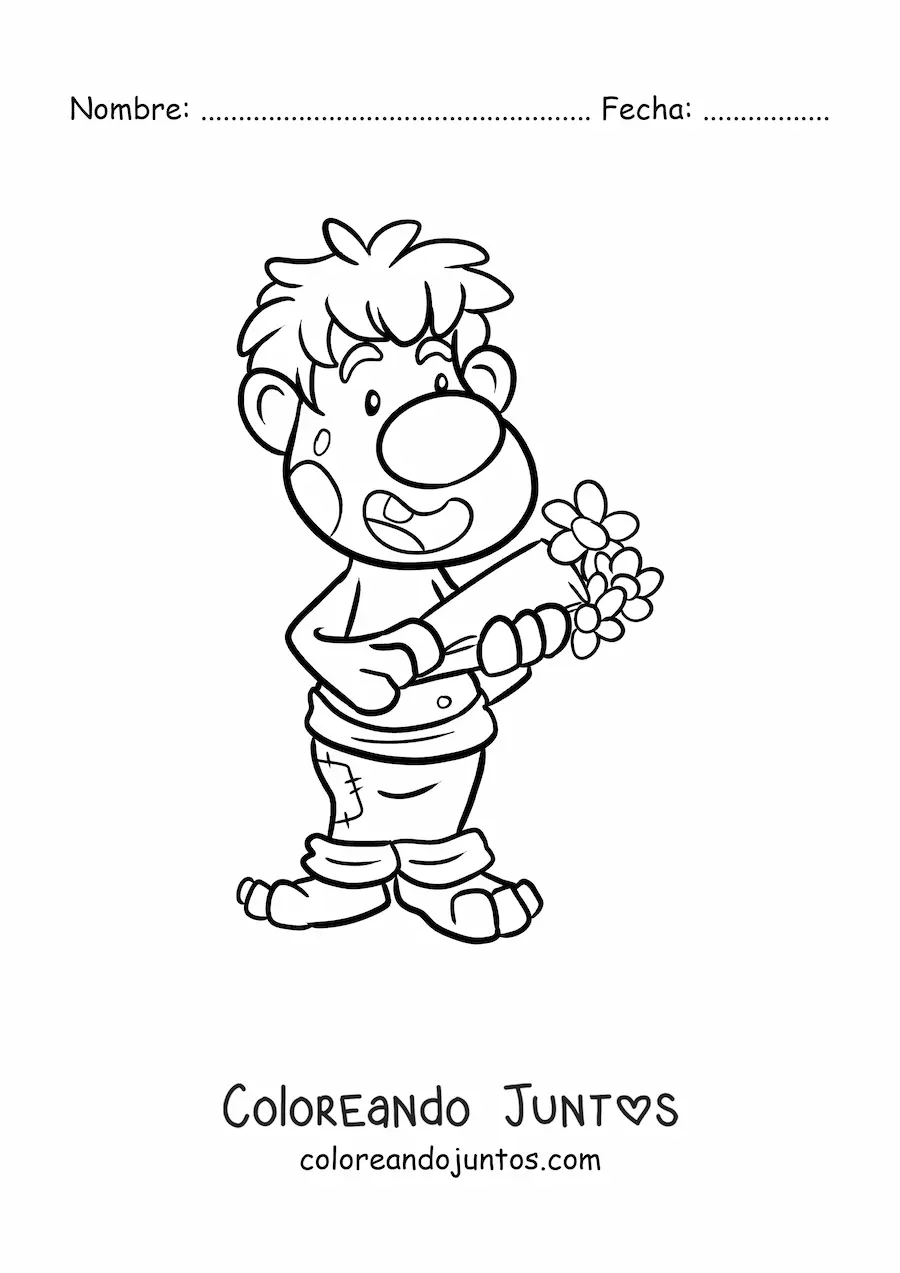 Imagen para colorear de troll animado enamorado con ramo de flores