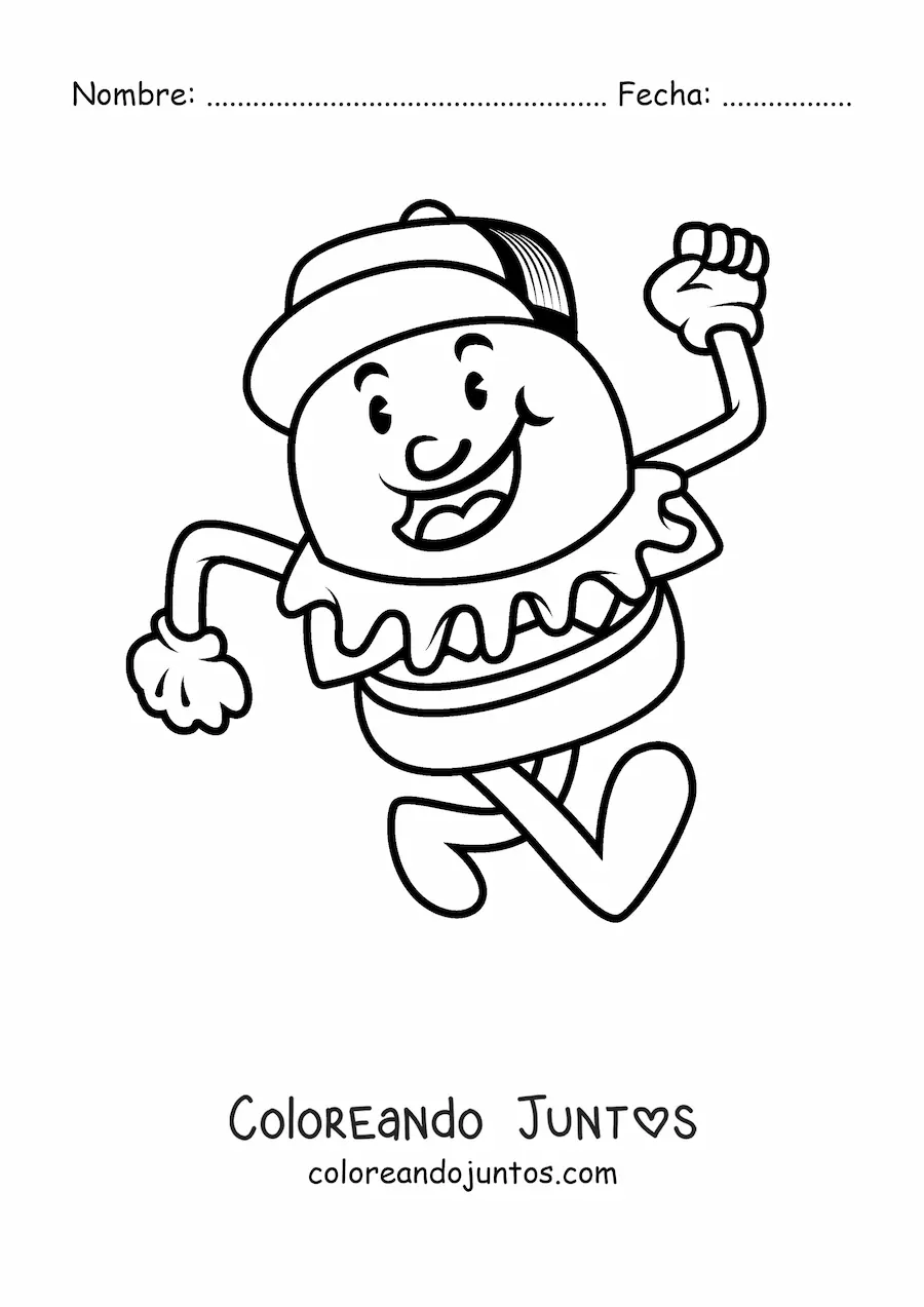 Imagen para colorear de una hamburguesa animada  con cachucha caminando
