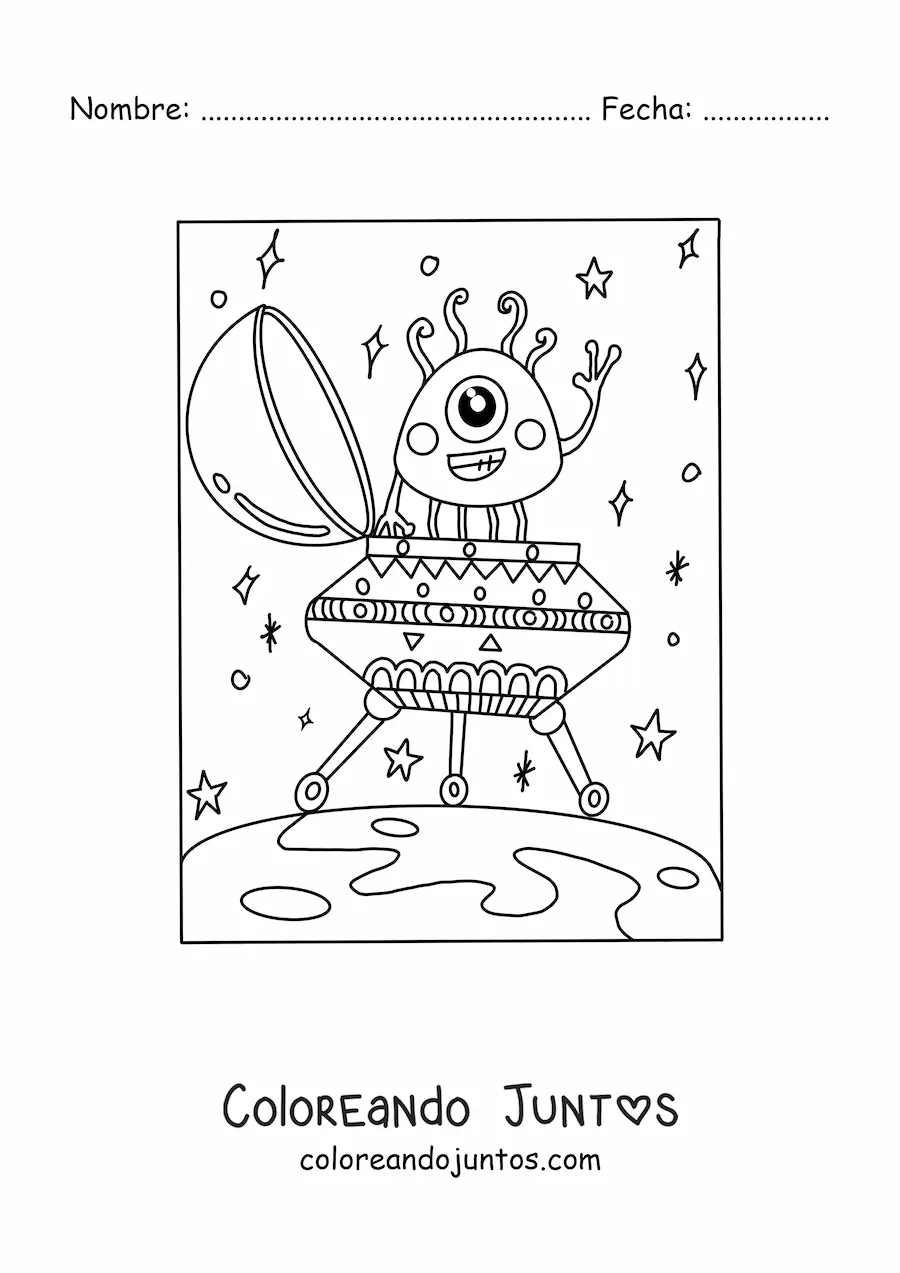 Imagen para colorear de extraterrestre kawaii en su nave