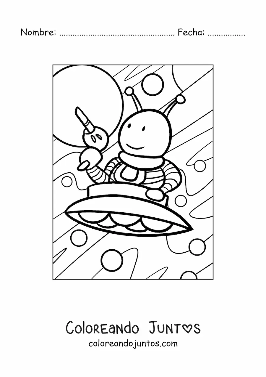Imagen para colorear de alienígena animado con un arma en su nave espacial