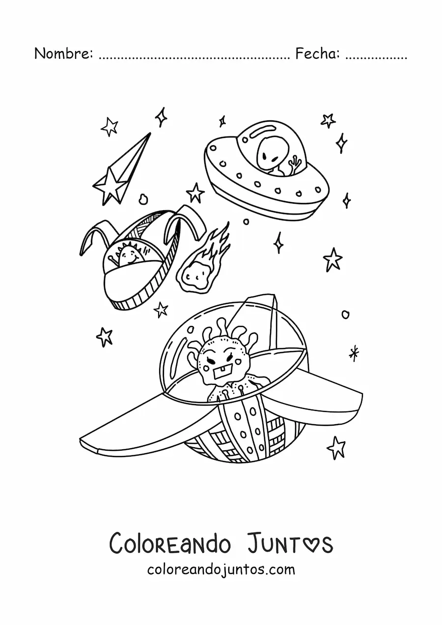 Imagen para colorear de extraterrestres animados en naves espaciales