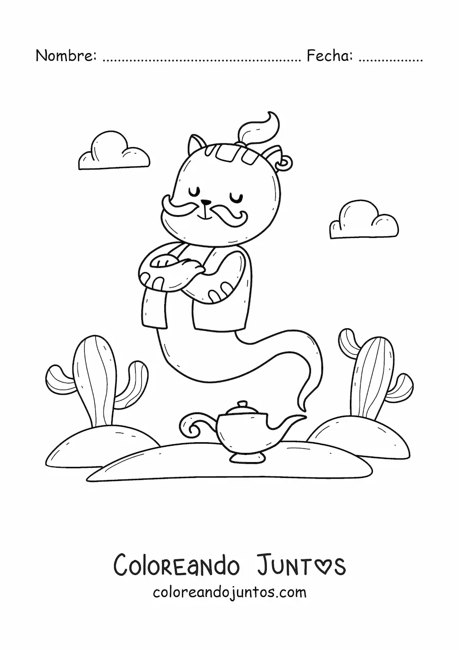 Imagen para colorear de gato genio kawaii animado saliendo de la lámpara