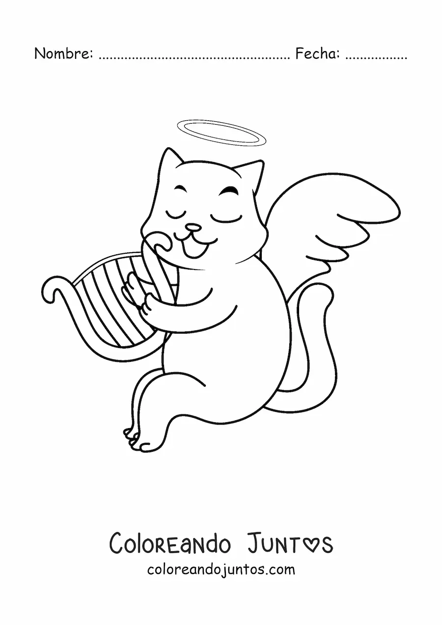 Imagen para colorear de gato ángel animado tocando el arpa