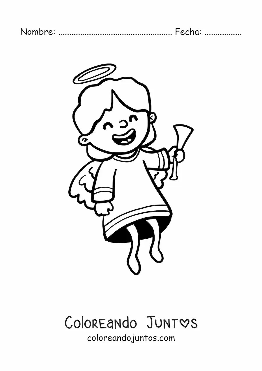 Imagen para colorear de ángel feliz animado con trompeta