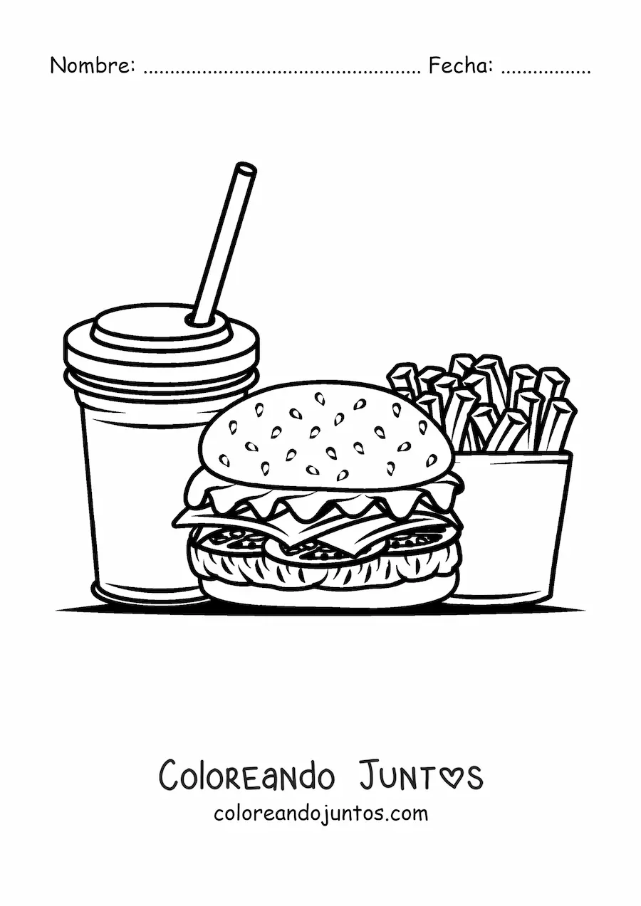 Imagen para colorear de una hamburguesa con refresco y papas fritas