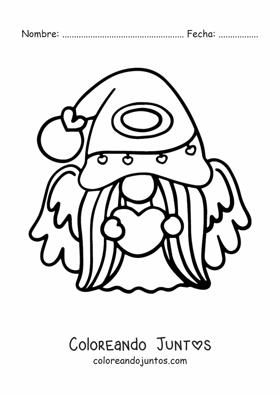 Imagen para colorear de caricatura de un gnomo ángel con corazón