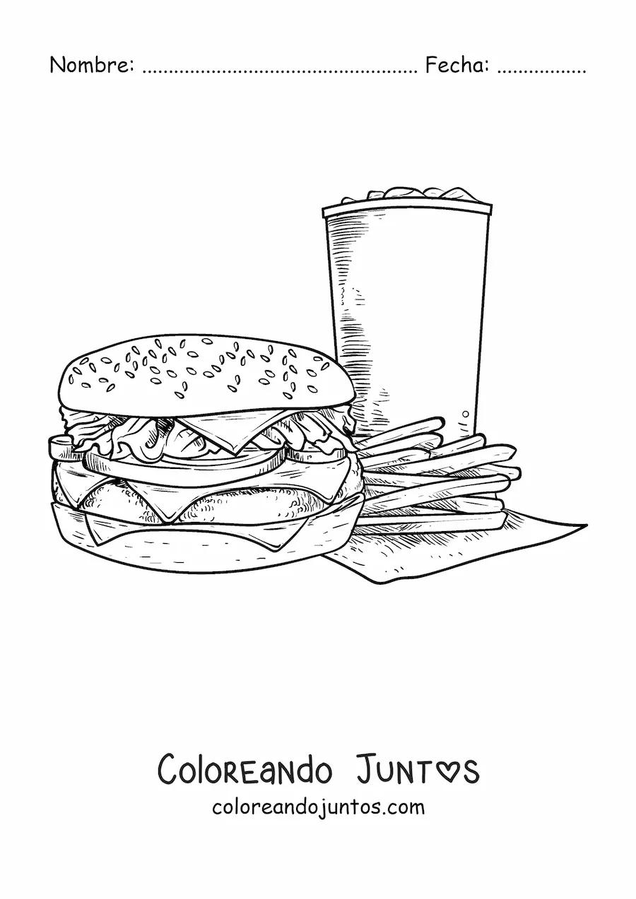 Imagen para colorear de una hamburguesa con papas fritas y refresco realista