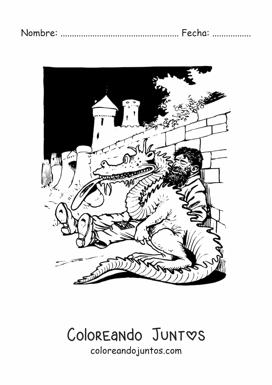 Imagen para colorear de gigante dormido junto a un dragón