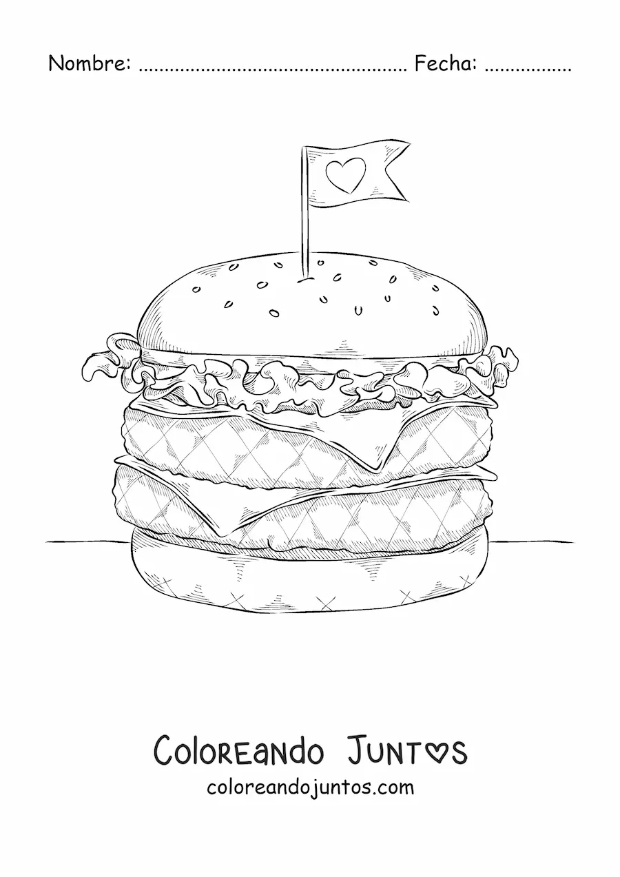 Imagen para colorear de una hamburguesa doble con un banderín de corazón