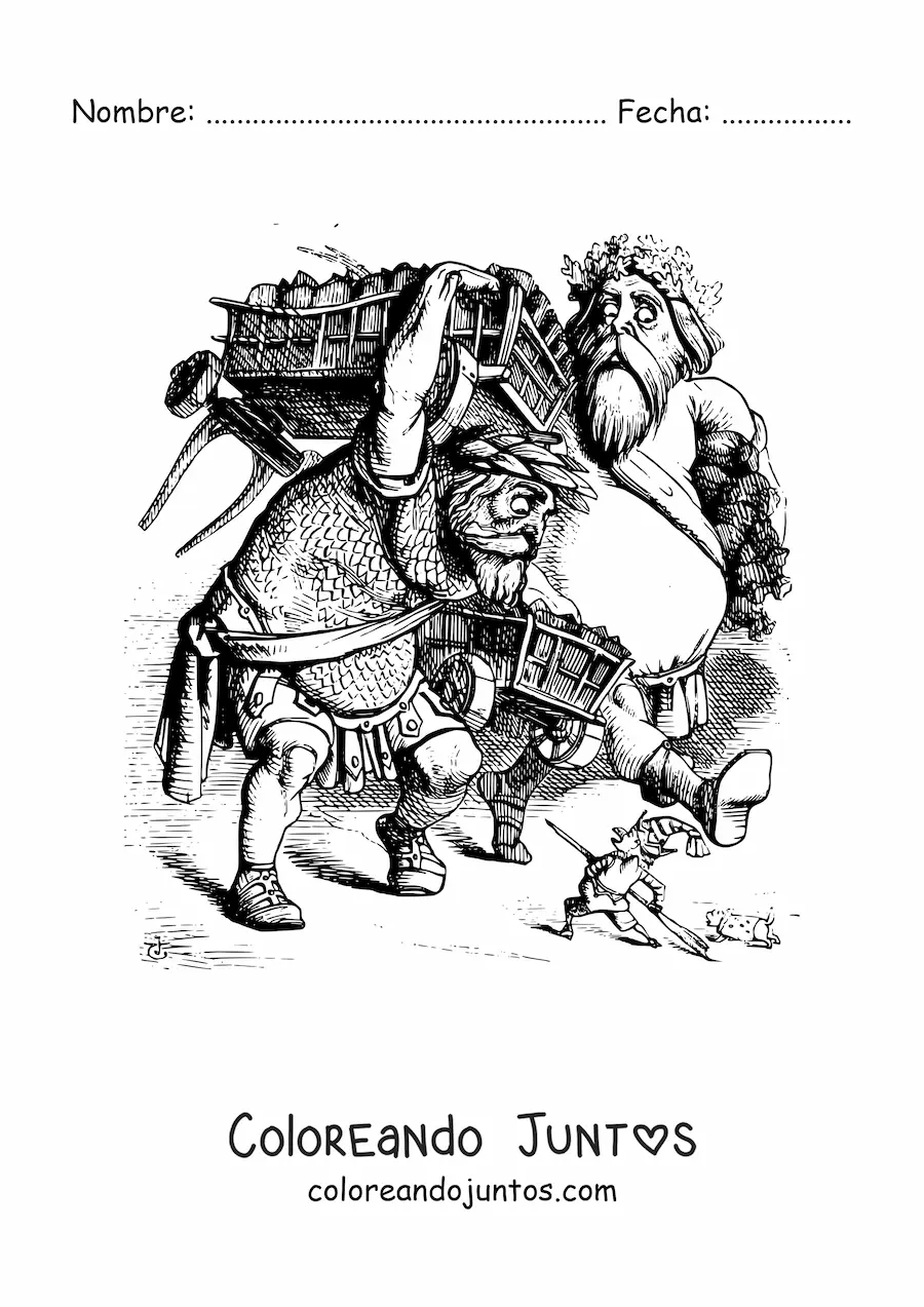 Imagen para colorear de gigantes caminando junto a un hombre
