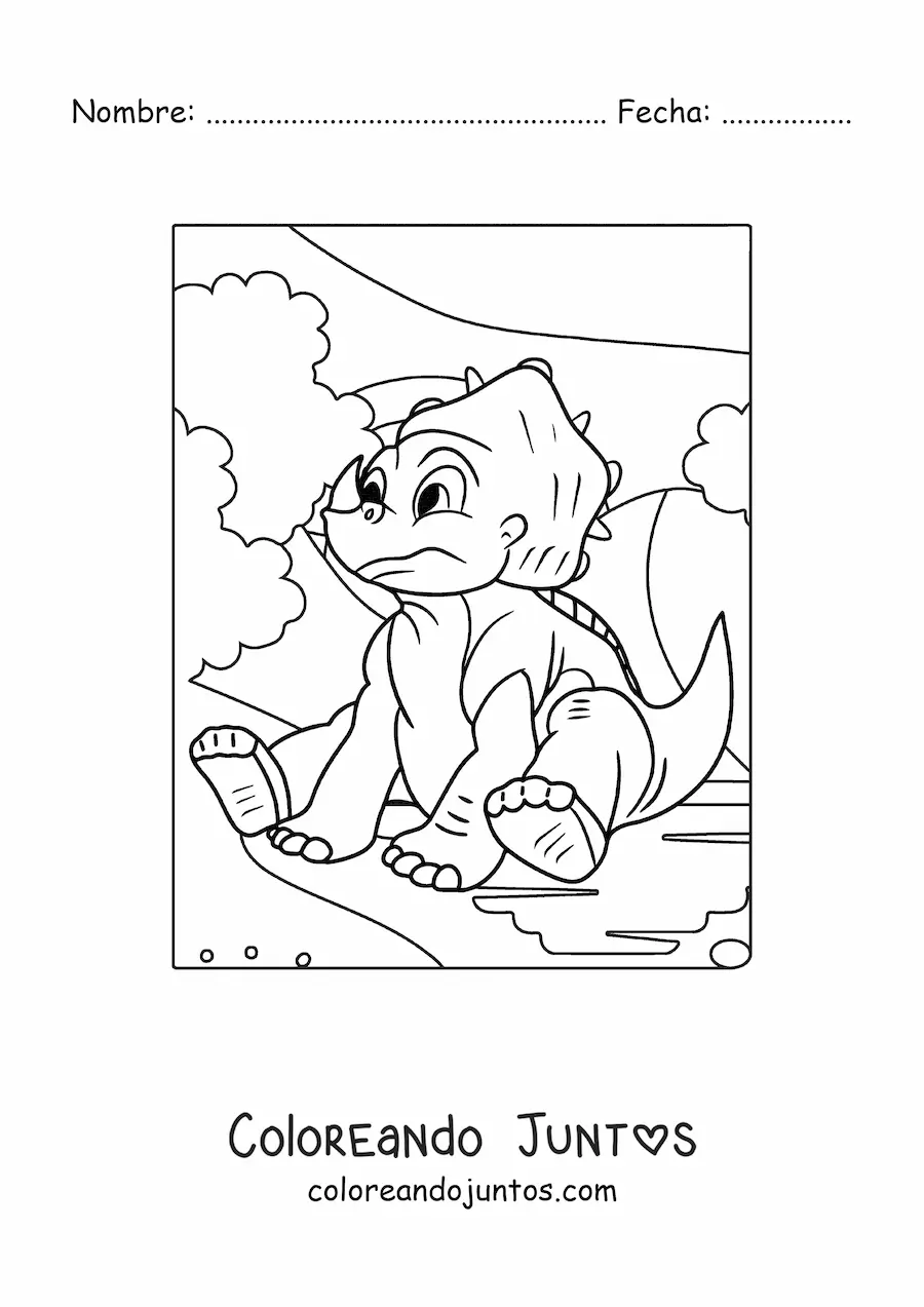 Imagen para colorear de triceratops bebé triste sentado