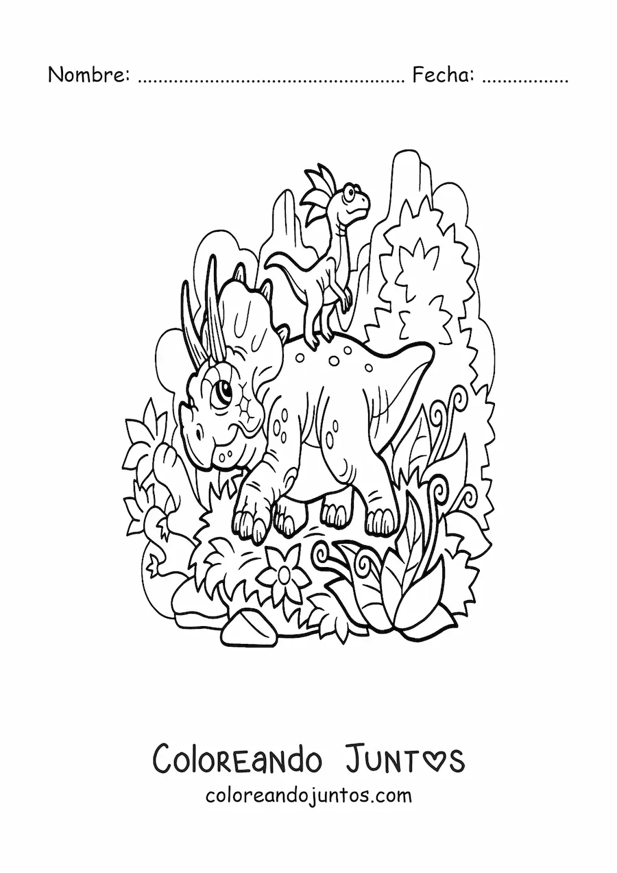 Imagen para colorear de triceratops con un amigo en su hábitat