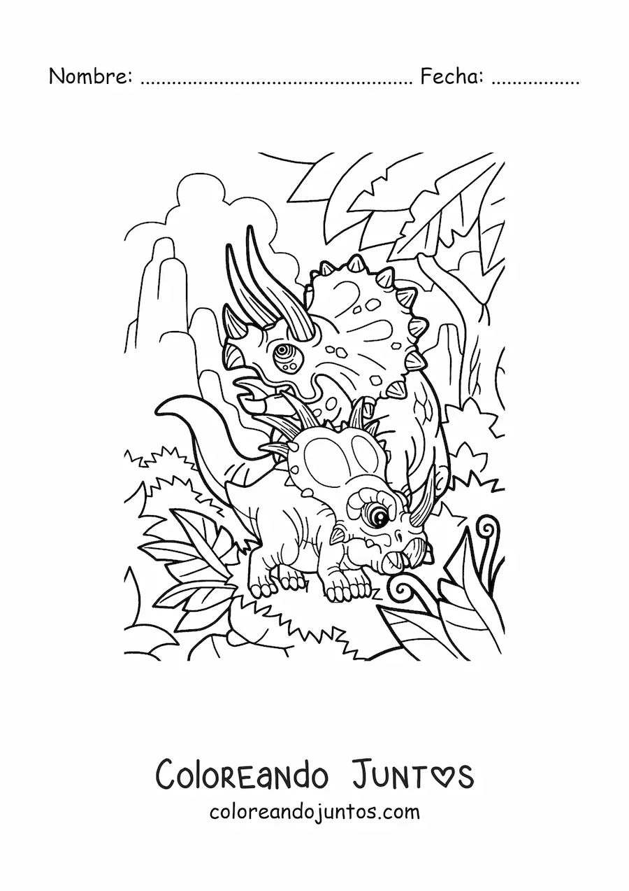 Imagen para colorear de triceratops con bebé ceratópsido