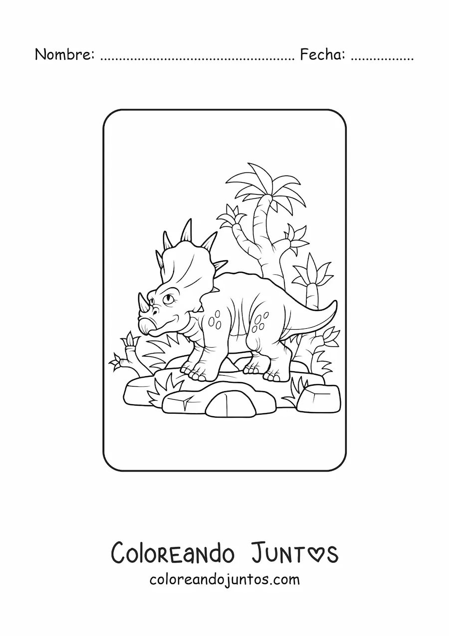 Imagen para colorear de triceratops animado en su hábitat