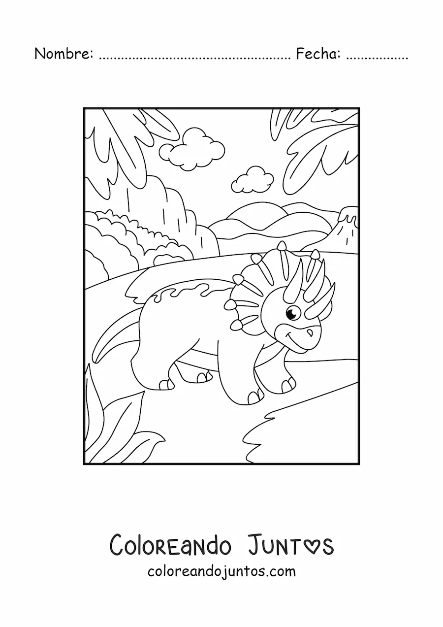 Imagen para colorear de triceratops en caricatura en su hábitat