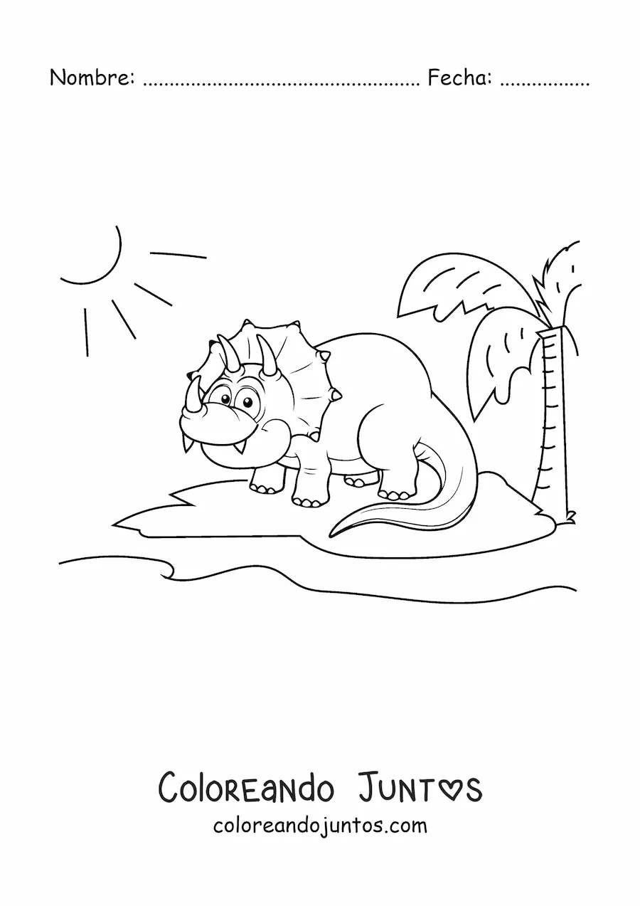 Imagen para colorear de triceratops animado sonriendo en su hábitat