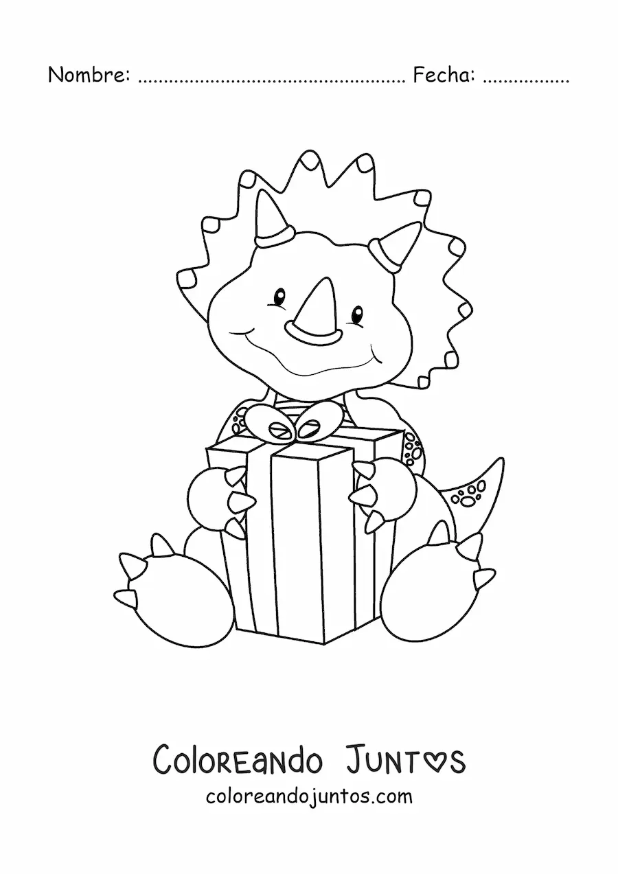 Imagen para colorear de triceratops tierno animado con un regalo