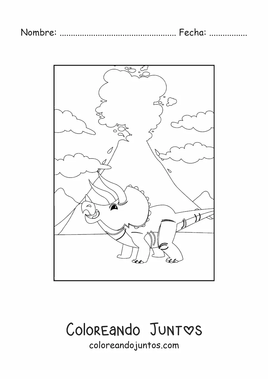 Imagen para colorear de triceratops frente a un volcán