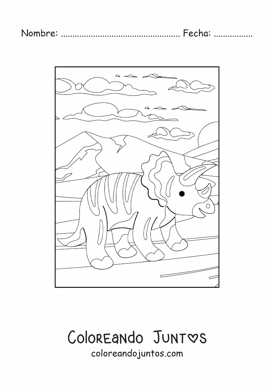 Imagen para colorear de triceratops tierno en su hábitat