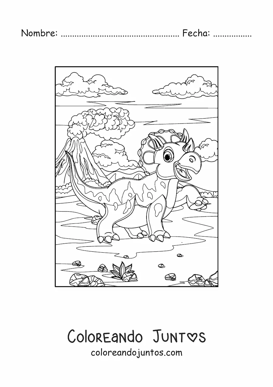 Imagen para colorear de triceratops animado sonriendo