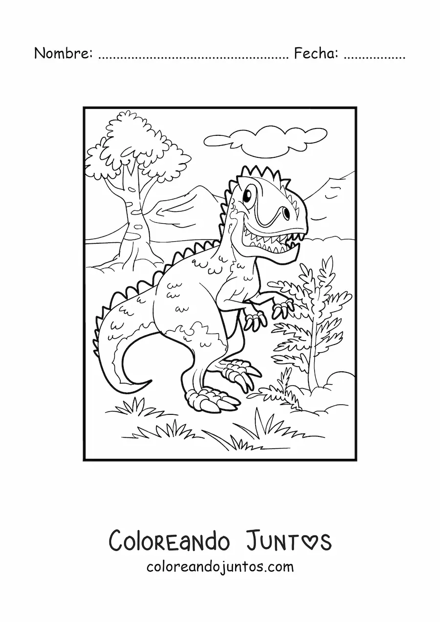 Imagen para colorear de tiranosaurio rex grande animado en su hábitat