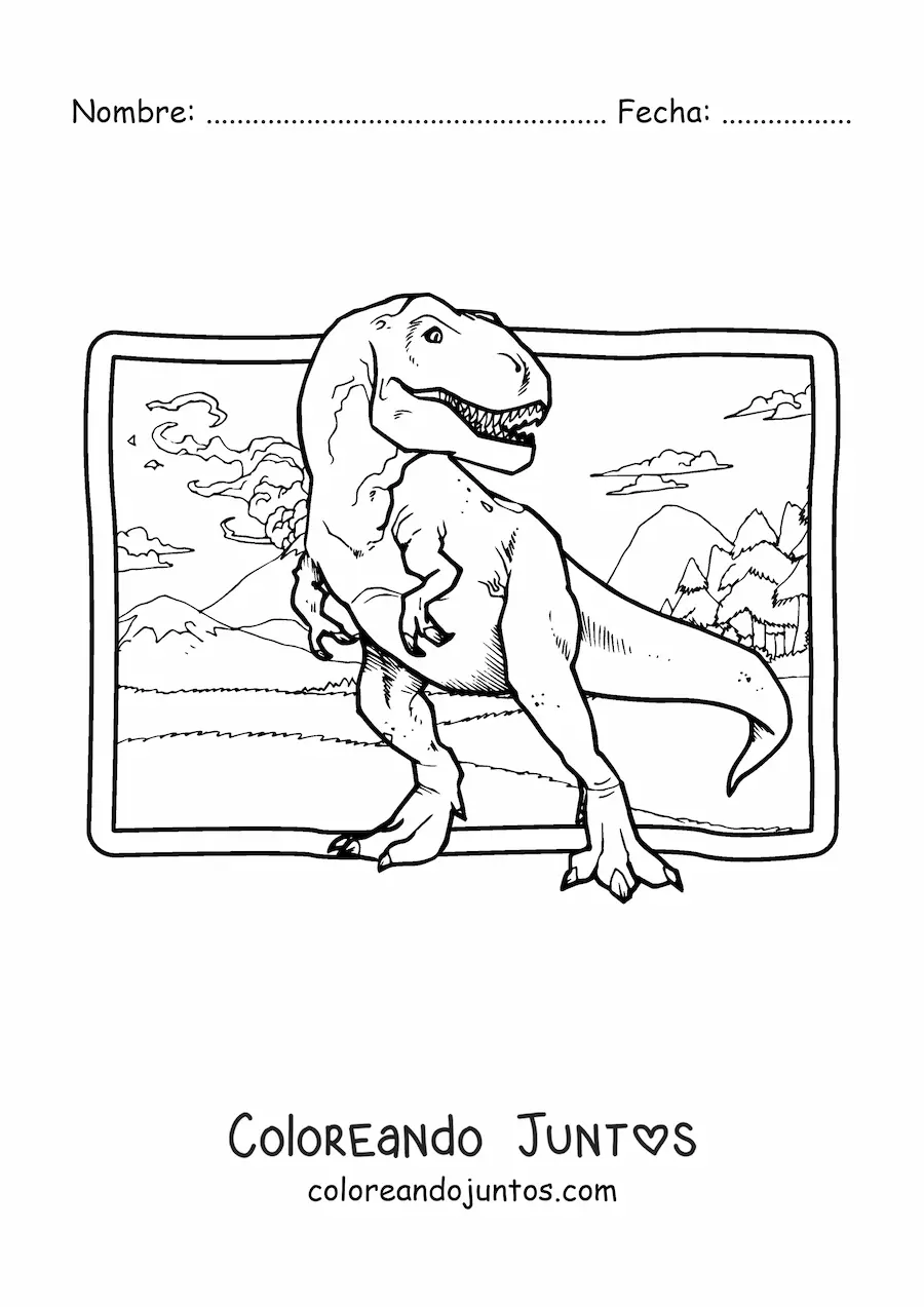 Imagen para colorear de tiranosaurio rex realista en su hábitat