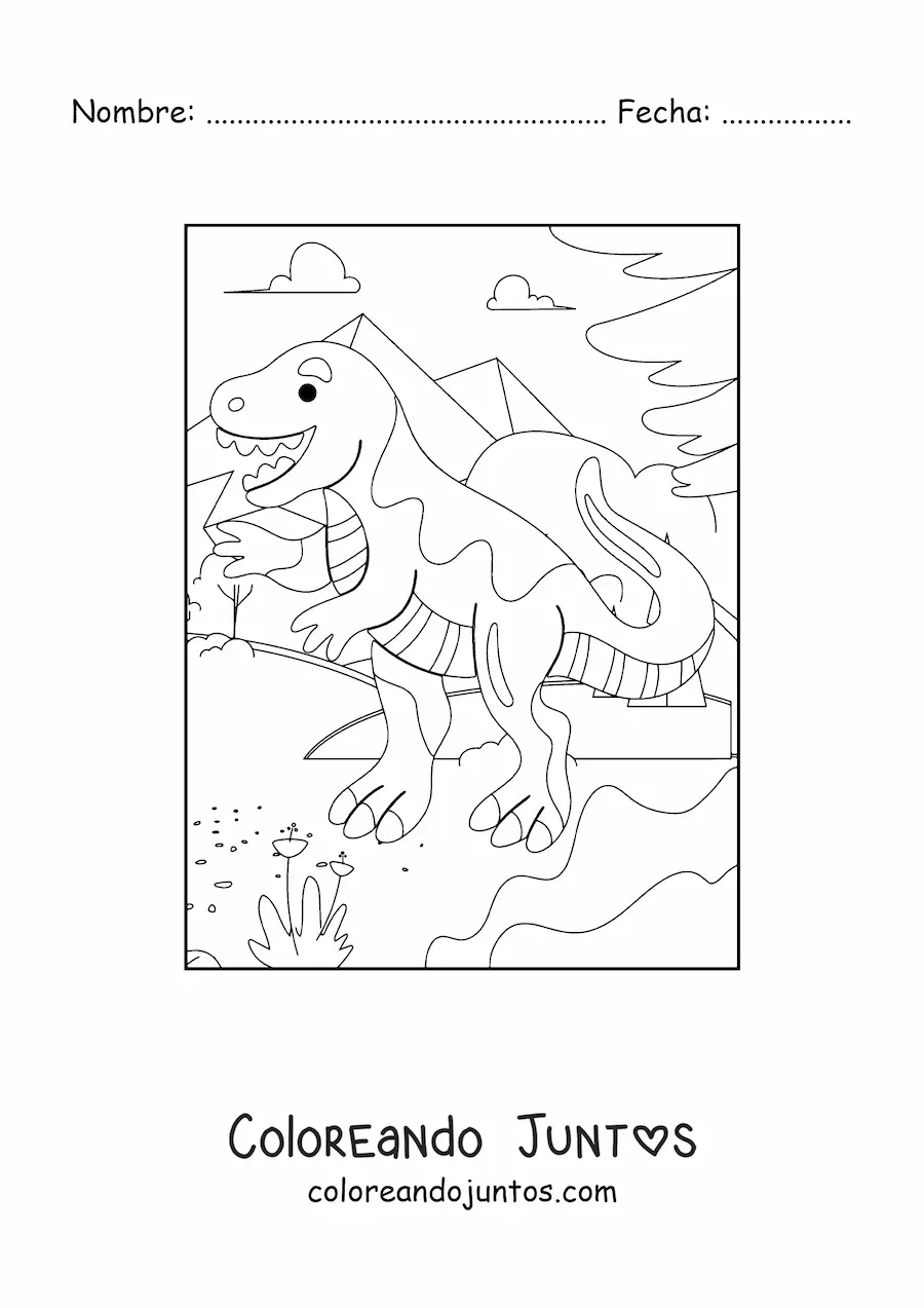 Imagen para colorear de t rex grande animado en su hábitat