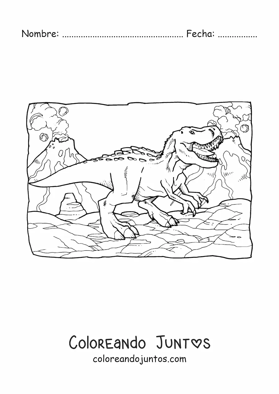 Imagen para colorear de t rex realista rugiendo en su hábitat