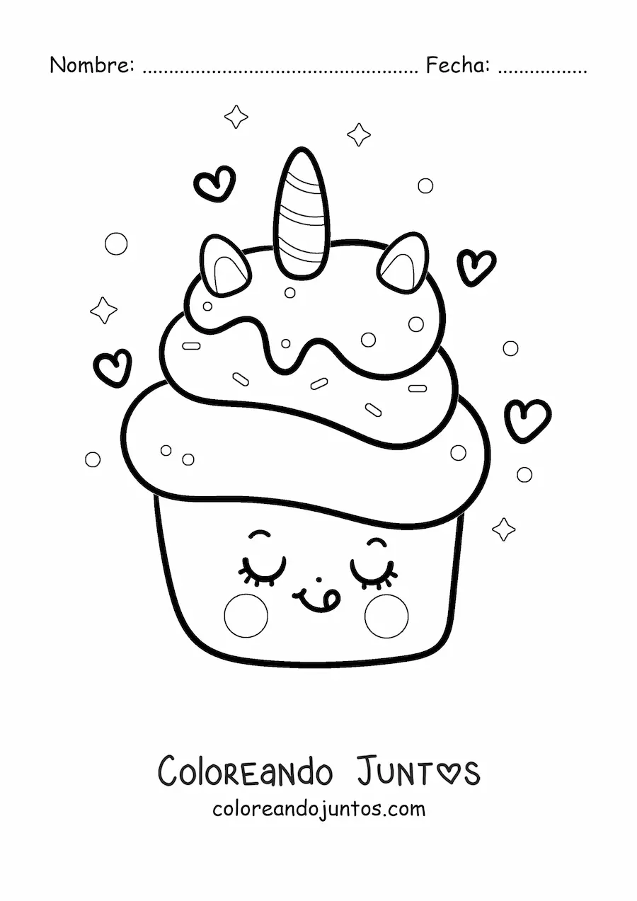 Imagen para colorear de un cupcake de unicornio kawaii con corazones