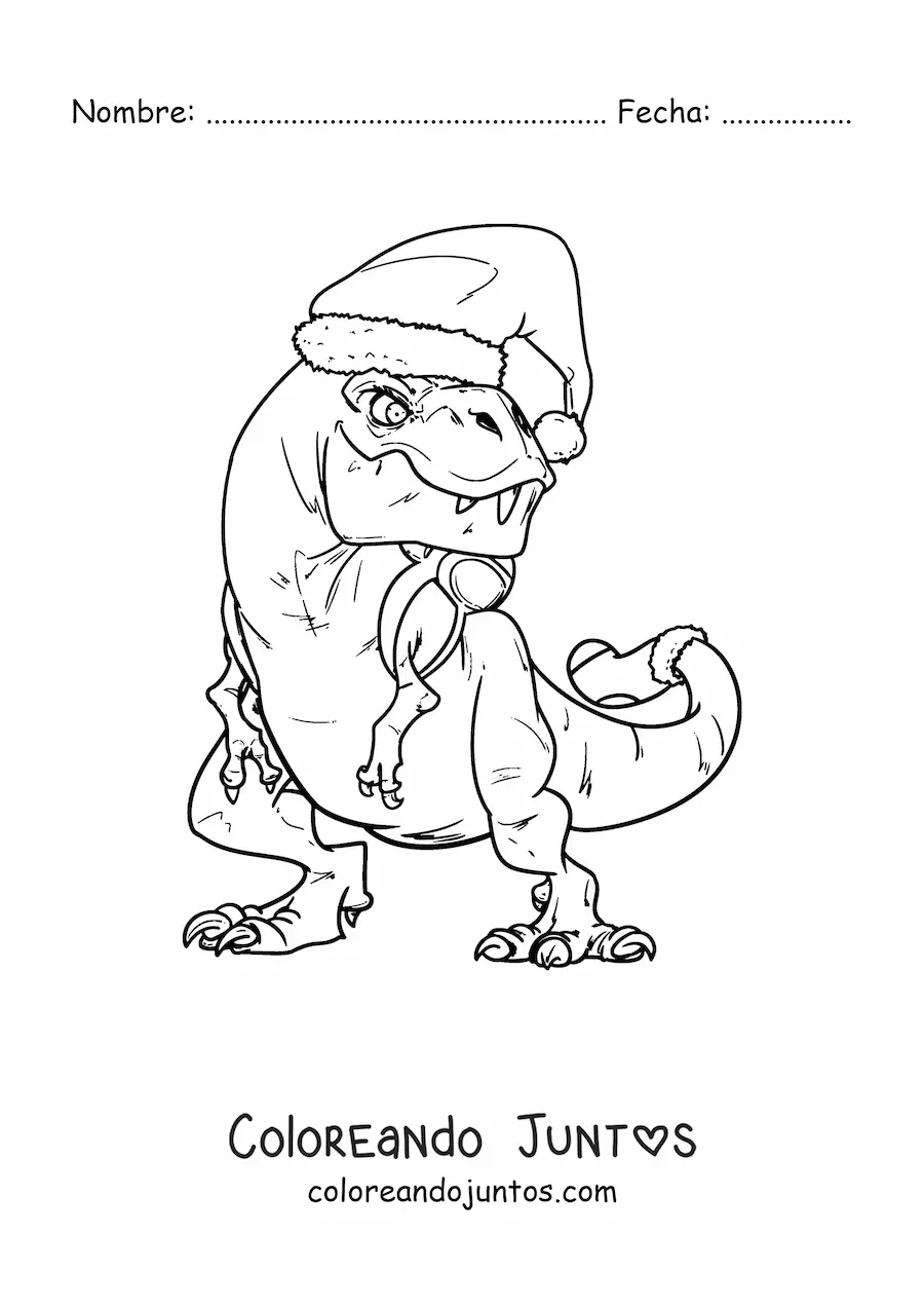 Imagen para colorear de tiranosaurio rex con gorro de Navidad