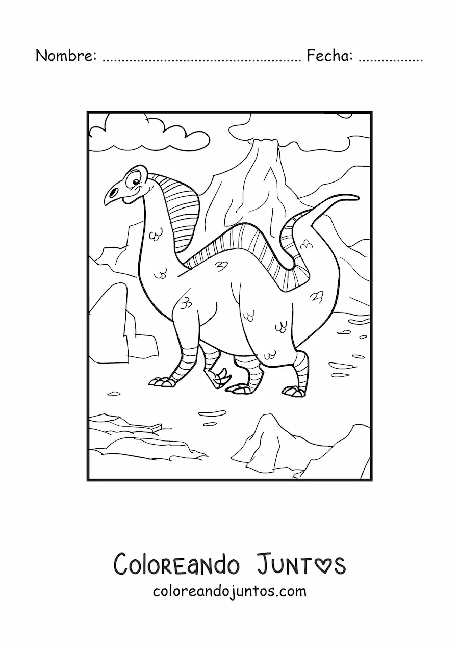Imagen para colorear de dinosaurio terrestre grande frente a un volcán