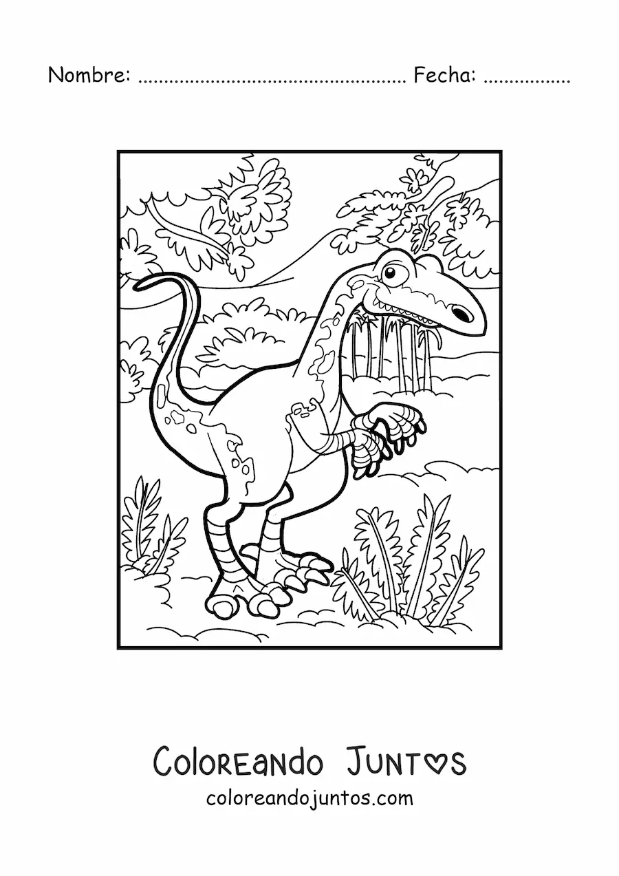 Imagen para colorear de dinosaurio terrestre bípedo en la selva