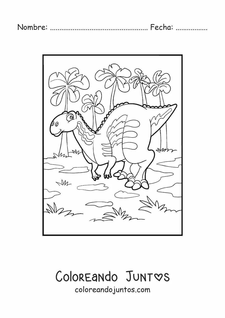 Imagen para colorear de dinosaurio terrestre con palmeras