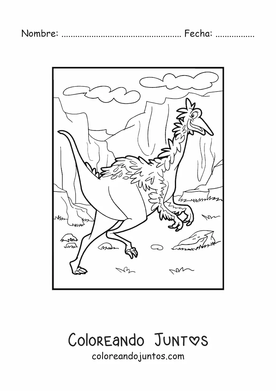 Imagen para colorear de dinosaurio terrestre con plumas en un cañón