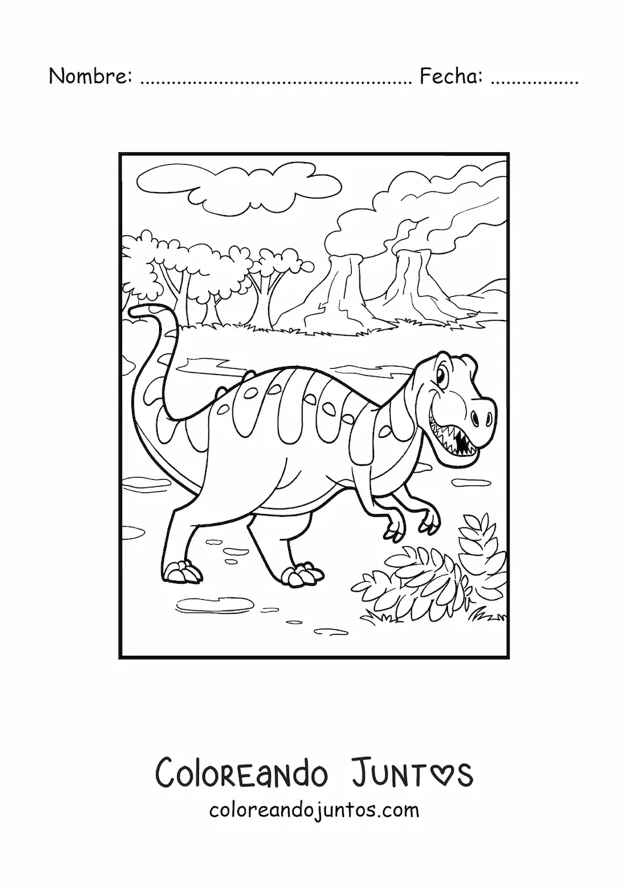 Imagen para colorear de dinosaurio terrestre con paisaje jurásico