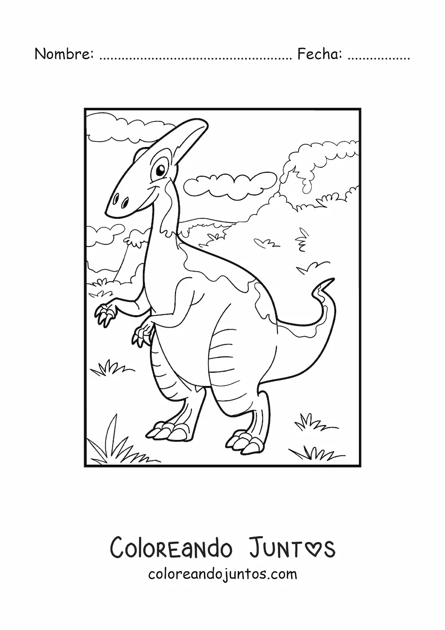 Imagen para colorear de dinosaurio terrestre animado en un paisaje natural