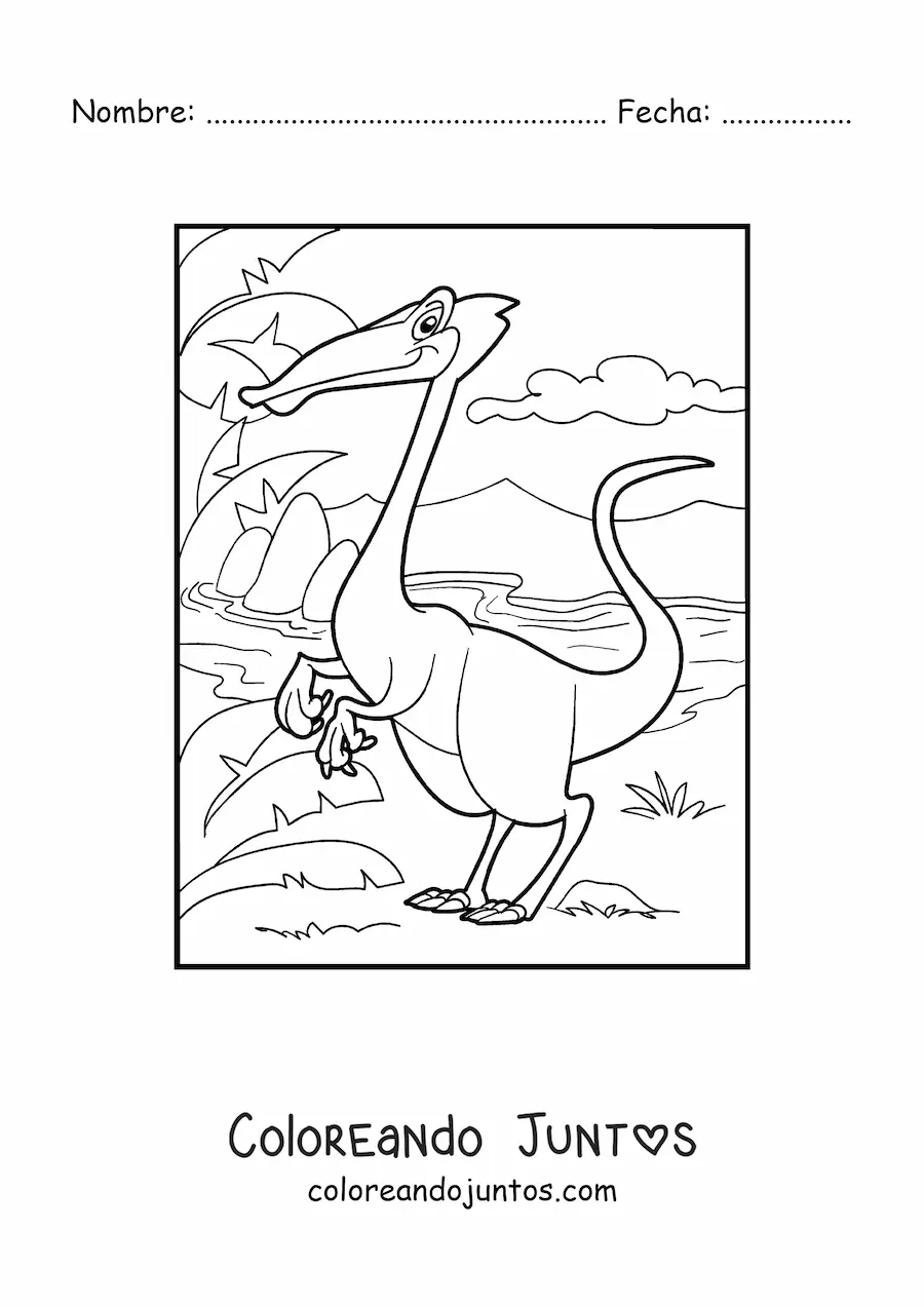 Imagen para colorear de dinosaurio terrestre bípedo junto a un río