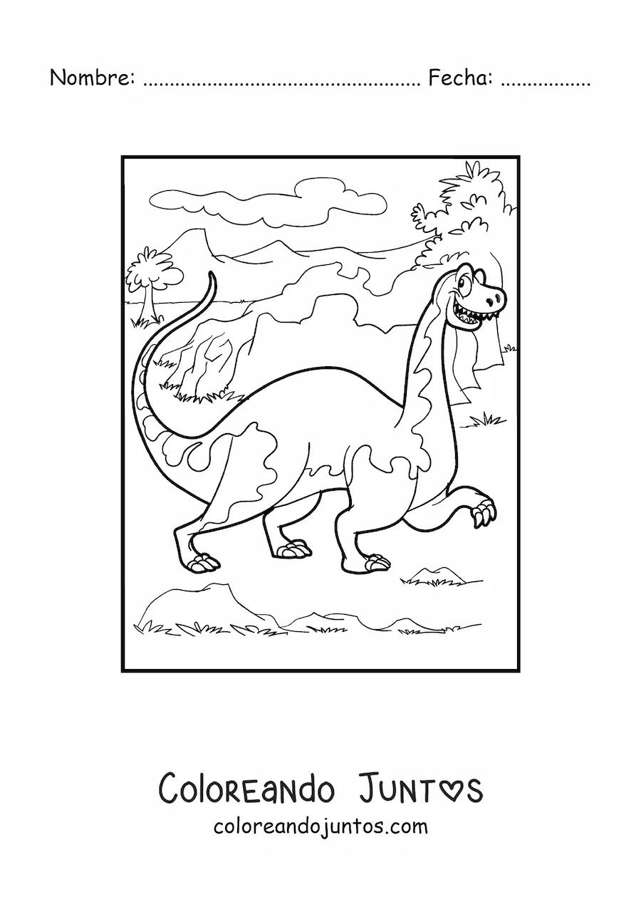 Imagen para colorear de dinosaurio terrestre grande animado en la sabana