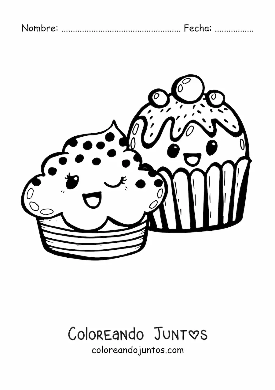 Imagen para colorear de dos cupcakes kawaiis