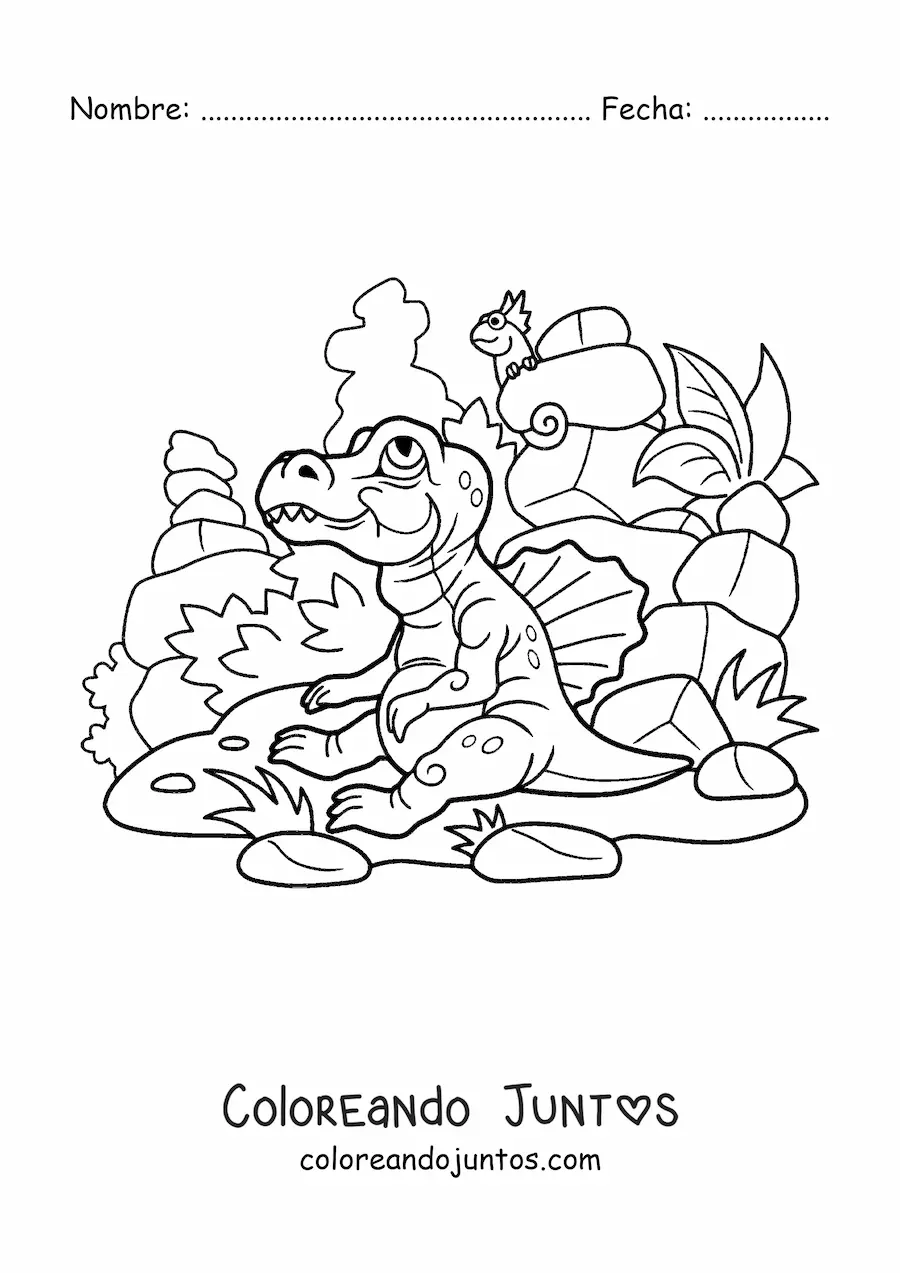 Imagen para colorear de dinosaurio bebé carnívoro en su hábitat