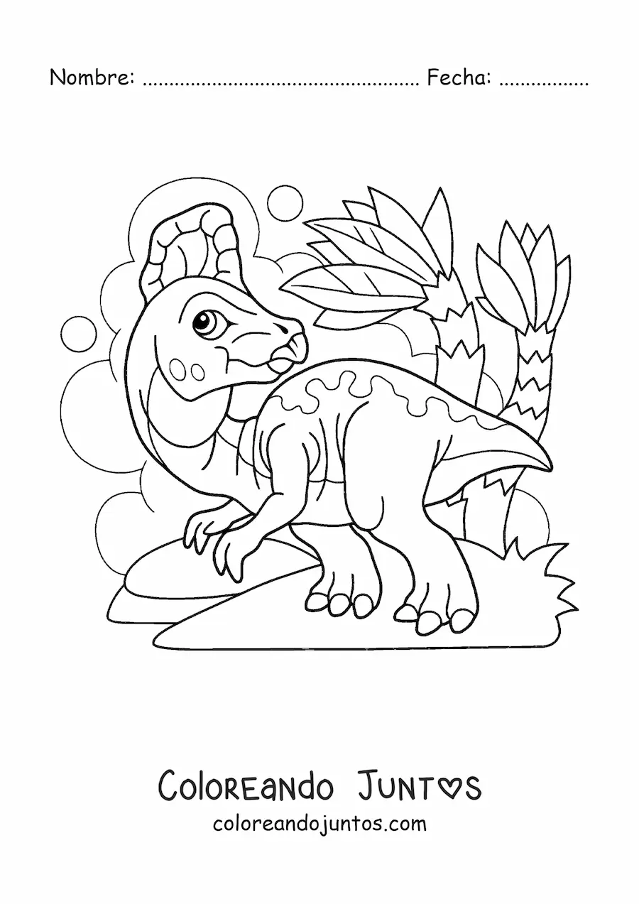 Imagen para colorear de dinosaurio bebé caminando en su hábitat