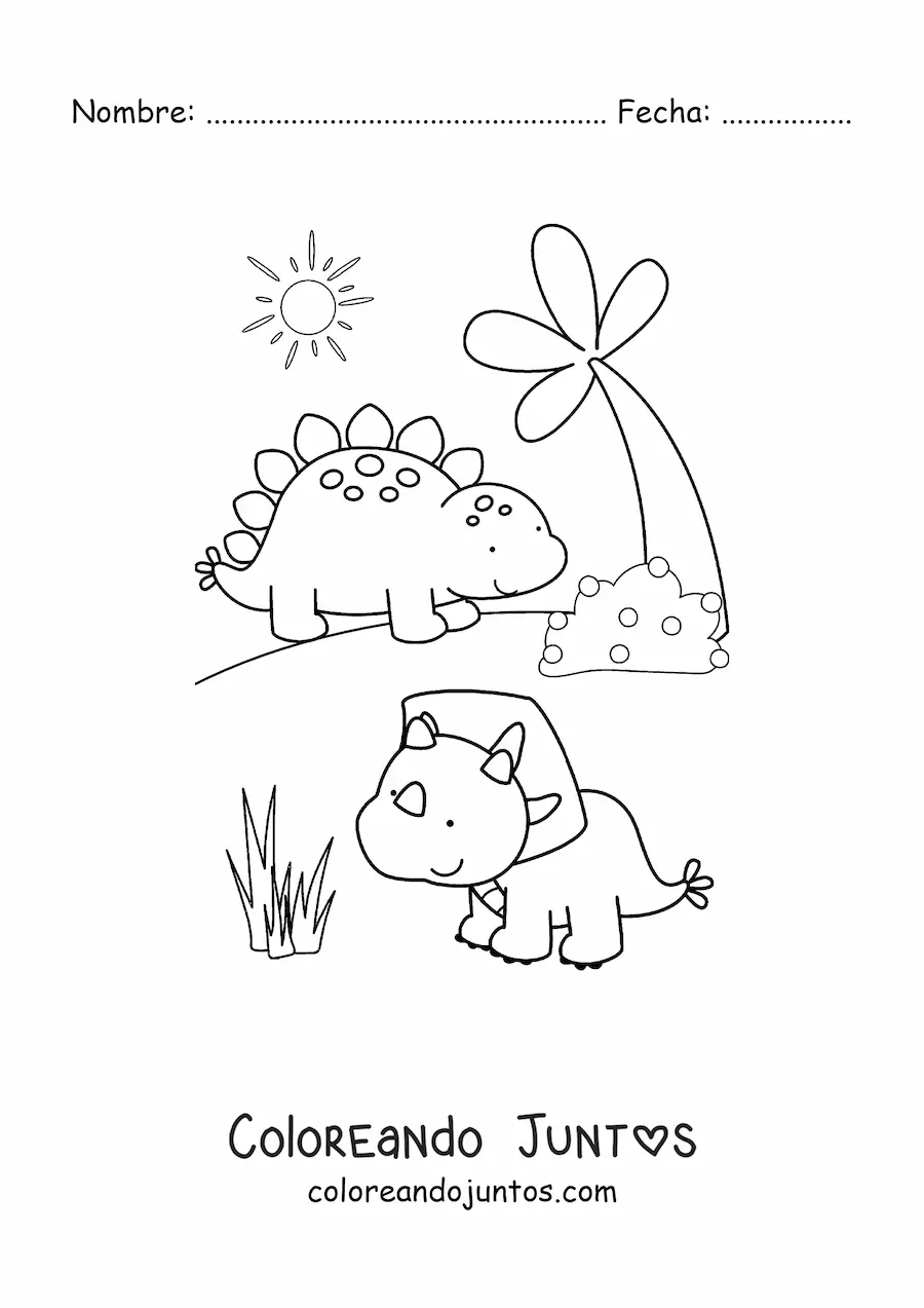 Imagen para colorear de dinosaurios bebés bonitos en su hábitat