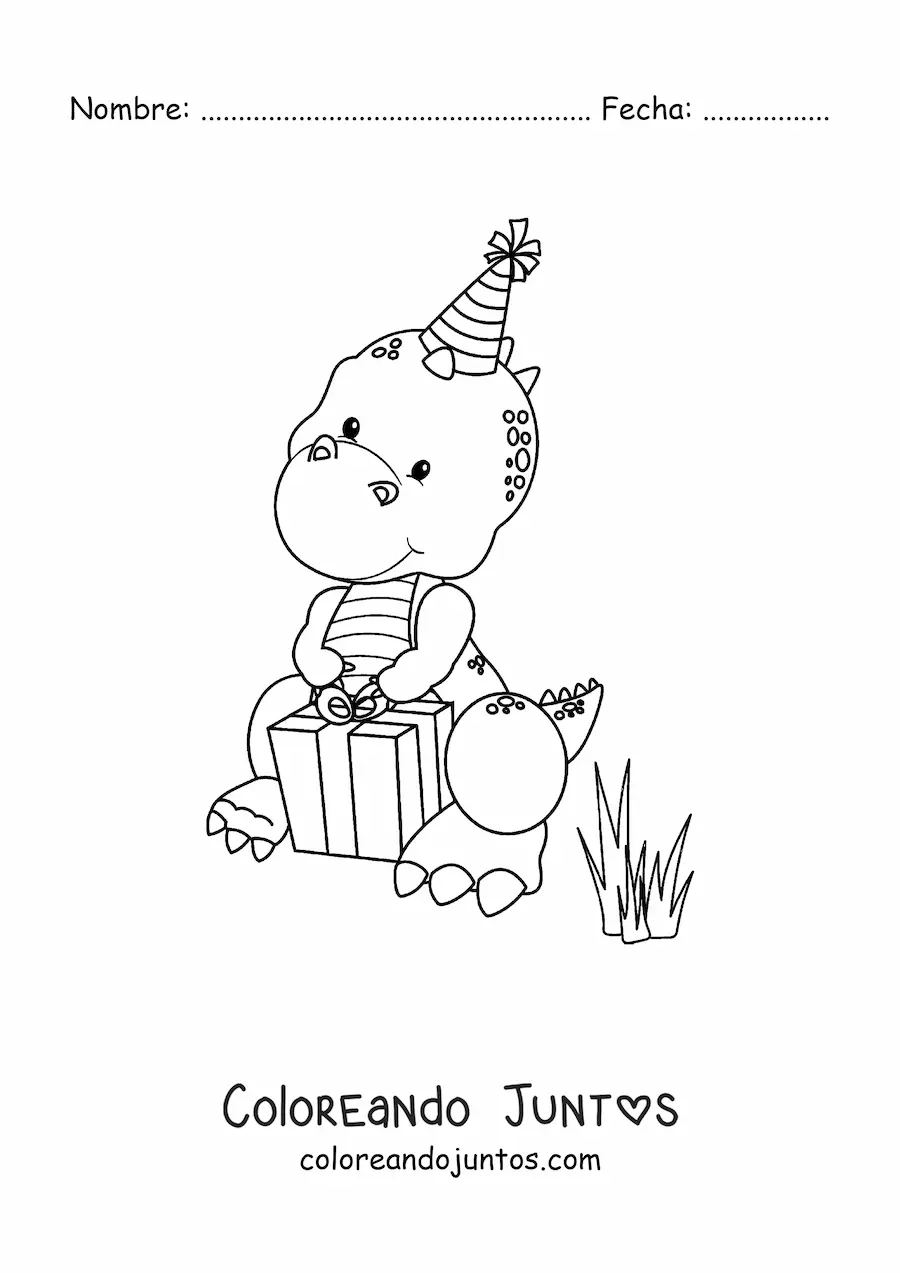 Imagen para colorear de dinosaurios bebés bonitos t rex con regalo de cumpleaños