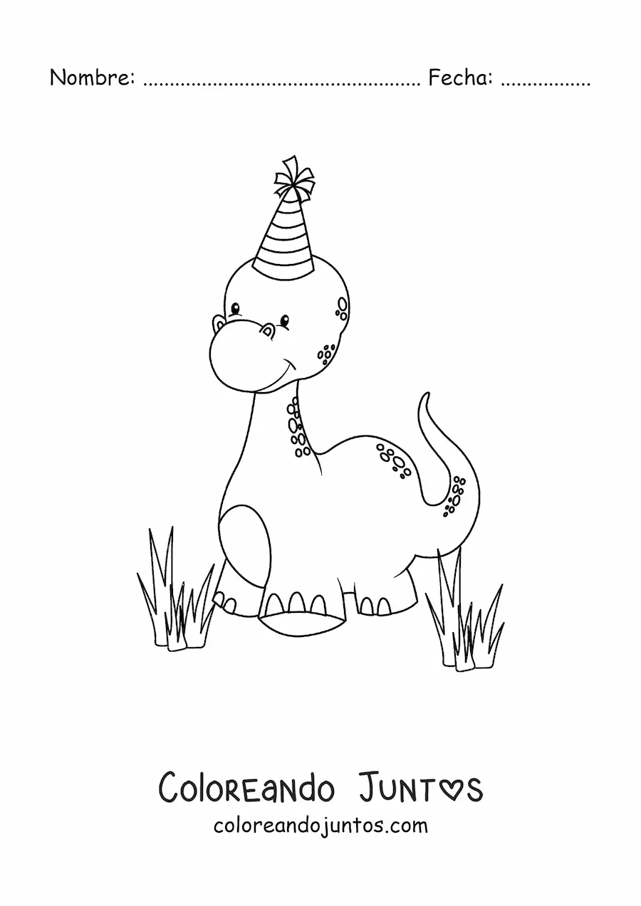Imagen para colorear de dinosaurios bebés bonitos de cuello largo con gorro de cumpleaños